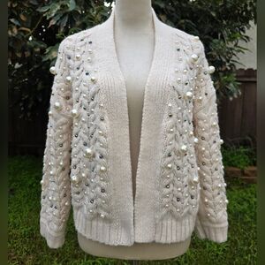 Maeve Anthropologie Cream Knit Cardigan with Pearls And Rhinestones